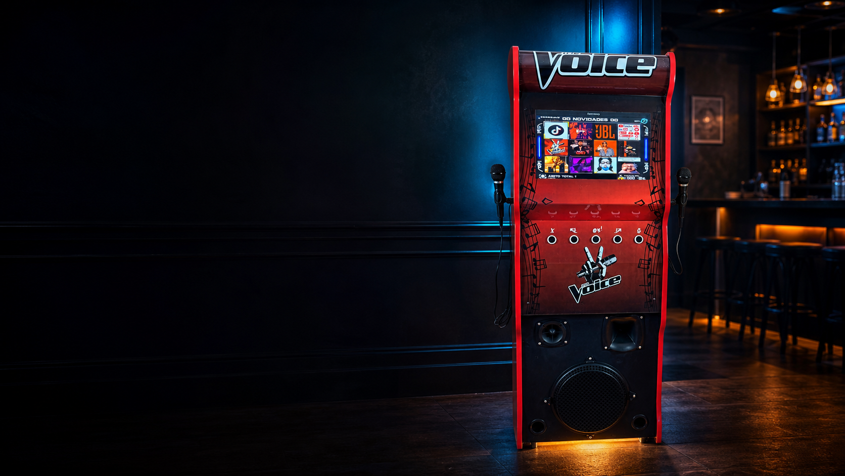 Modelo vermelho SKJ Karaoke em um pub noturno