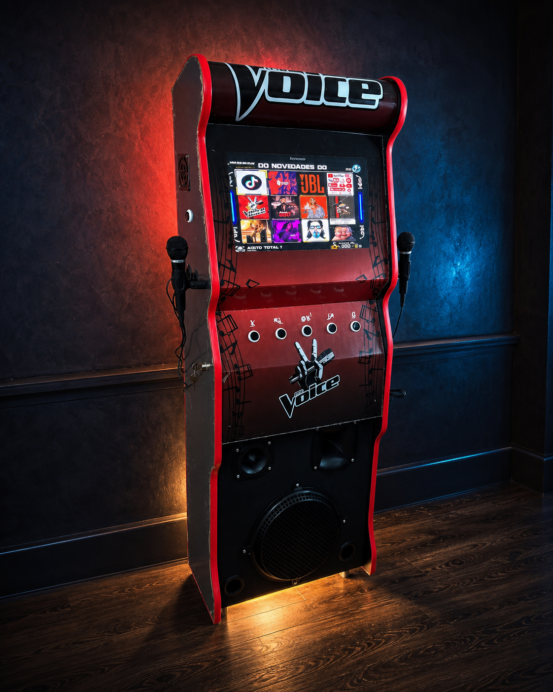 SKJ Karaoke vermelha completa em cenário profissional de pub noturno