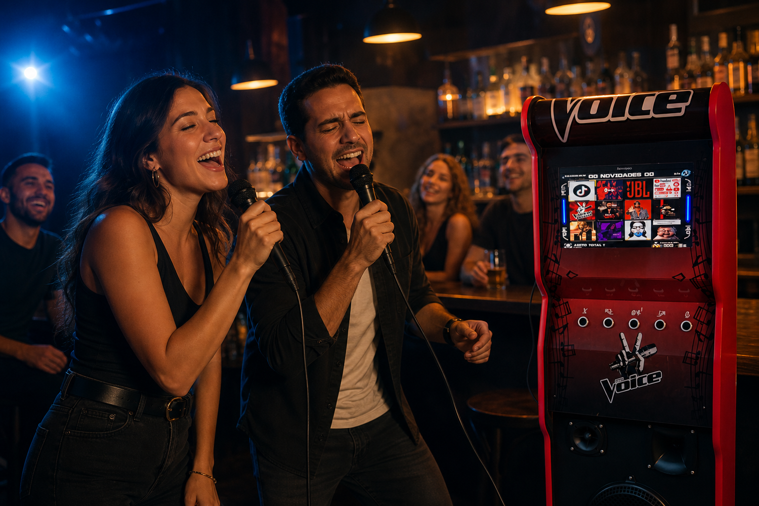 Amigos adultos cantando ao lado da SKJ Karaoke em um pub noturno